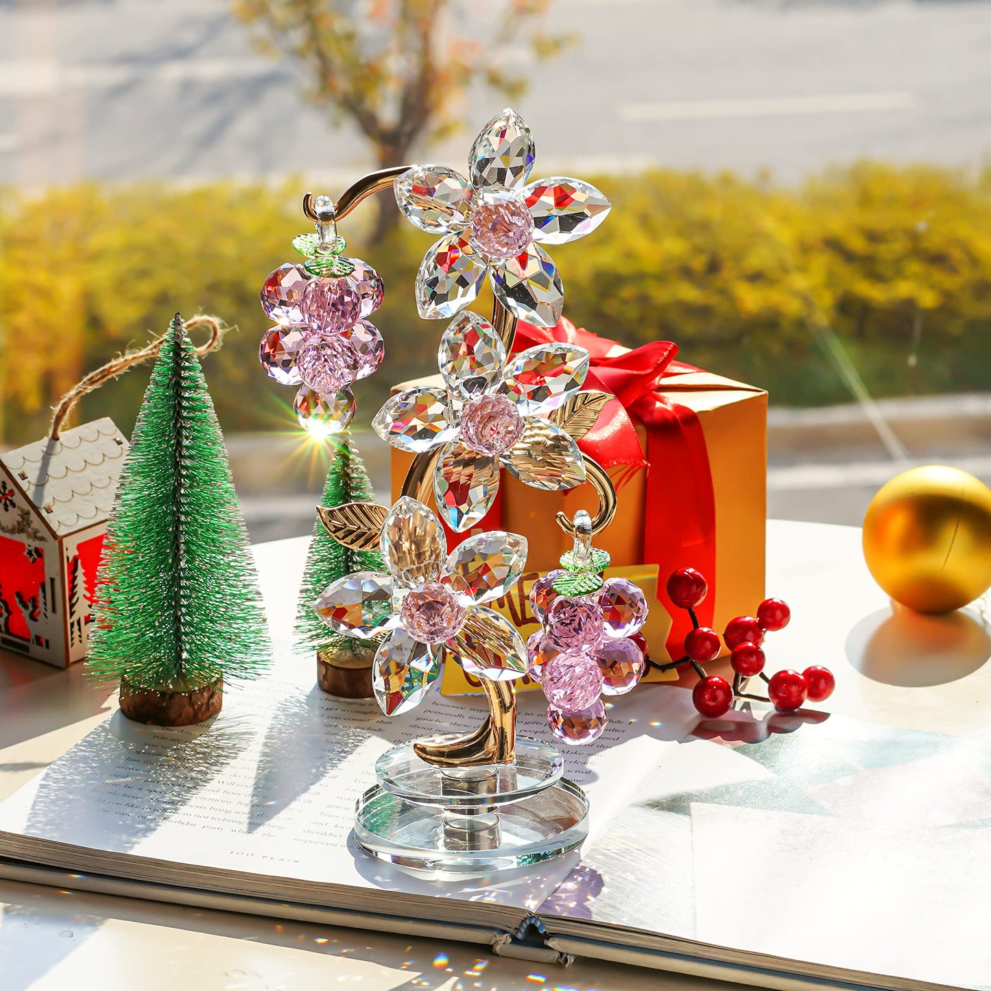 Rotating Pink Crystal Grape Figurine Table Centerpiece Decor