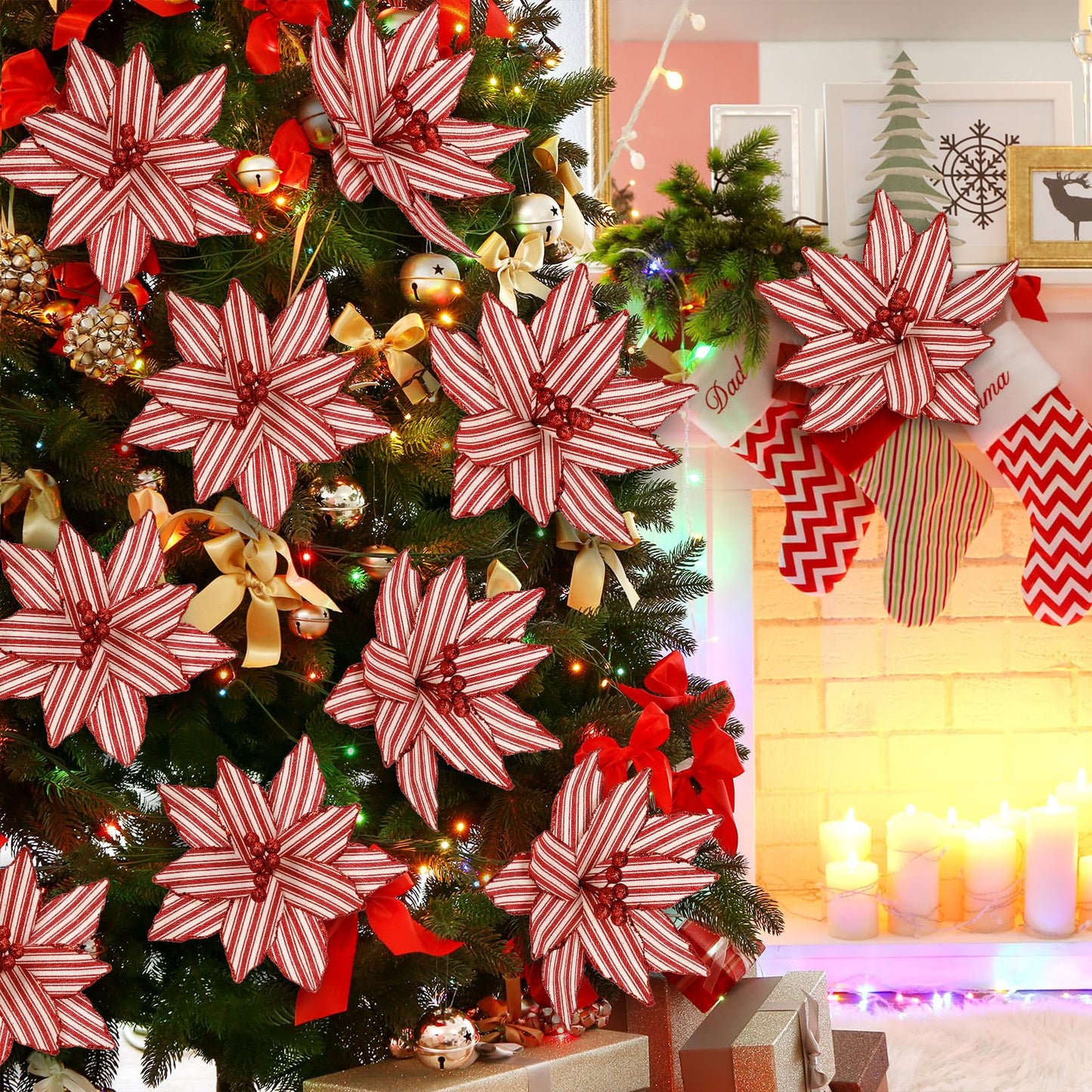 Soulchen 12 Pcs 12'' Red and White Christmas Poinsettia Candy Cane Poinsettia Christmas Tree Ornaments Peppermint Flower Tree with Stems Topper for DIY Xmas Wreath Garland Holiday Party Decor