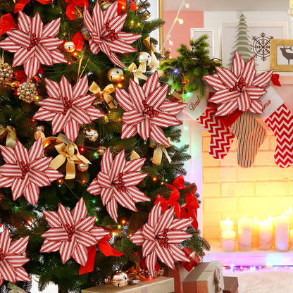 Soulchen 12 Pcs 12'' Red and White Christmas Poinsettia Candy Cane Poinsettia Christmas Tree Ornaments Peppermint Flower Tree with Stems Topper for DIY Xmas Wreath Garland Holiday Party Decor