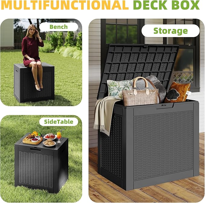 31 Gallon Outdoor Storage Box Weather Resistant UV Protection Waterproof Resin Deck Box for Garden, Patio, Porch, Delivery(Rattan Black)