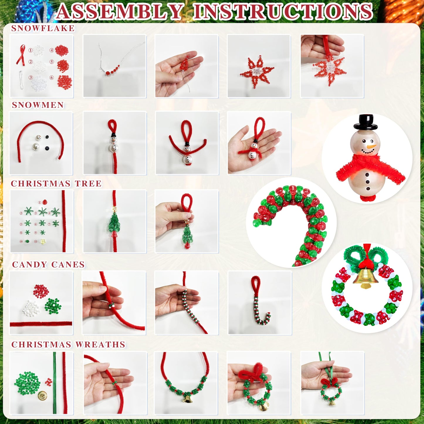 Christmas Beaded Craft Kit for Kids - 60 Pc Ornament Set, Tree Decorations (Snowman, Christmas Tree, Wreath, Snowflake, Candy Cane Each x12)