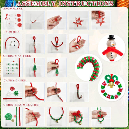 Christmas Beaded Craft Kit for Kids - 60 Pc Ornament Set, Tree Decorations (Snowman, Christmas Tree, Wreath, Snowflake, Candy Cane Each x12)