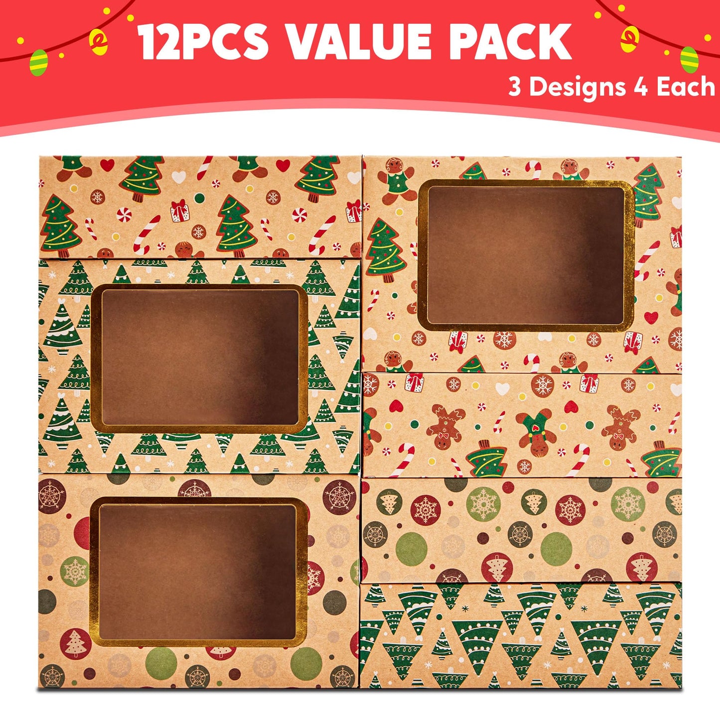 JOYIN 12 PCS Foiled Christmas Cookie Boxes for Gift Giving, 8.75" x 5.75" x 2.75” Bakery Boxes with Window, 3 Design Brown Kraft Cardboard Treat Box for Xmas Holiday Pastries Cupcakes Doughnut Wrap