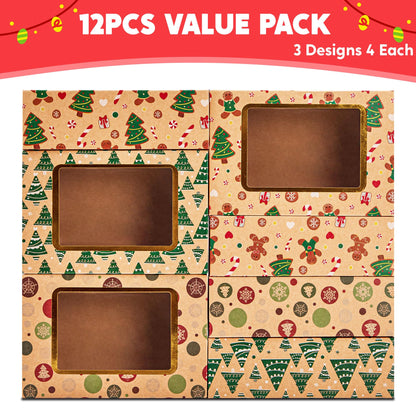 JOYIN 12 PCS Foiled Christmas Cookie Boxes for Gift Giving, 8.75" x 5.75" x 2.75” Bakery Boxes with Window, 3 Design Brown Kraft Cardboard Treat Box for Xmas Holiday Pastries Cupcakes Doughnut Wrap