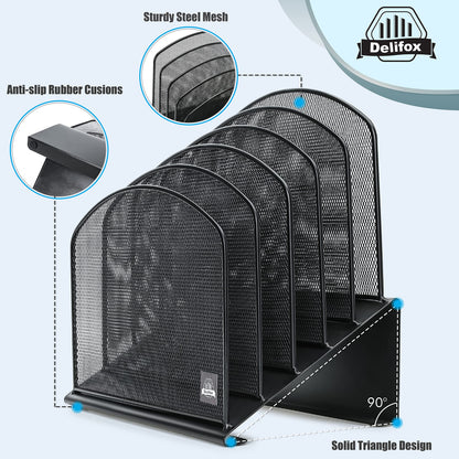 Delifox Inclined Desk File Organizer, 5-Section Vertical File Folder Holder Stand Metal Rack File Sorter for Office Classroom Desktop Organization (Black, 1Pack)