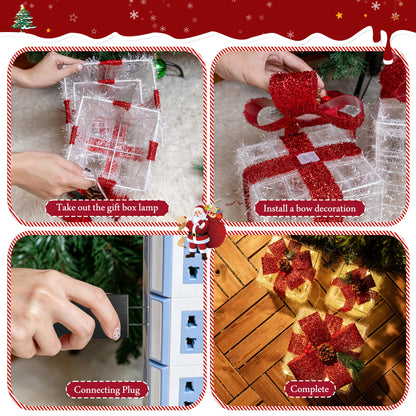 Ccinny Christmas Decorations, Set of 3 Christmas Lighted Gift Boxes, Pre-lit 60 LED Light Up Present Boxes Warm White Xmas Ornaments for Indoor Outdoor Yard Lawn Home Decor (Red Bow)