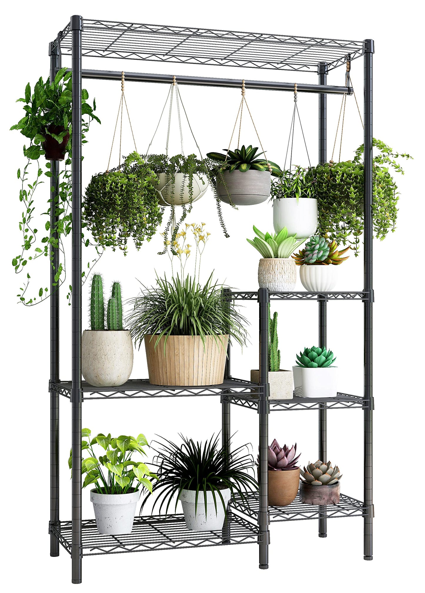 Xiofio Plant Stands for for Indoor Outdoor, Heavy Duty Metal Plant Stand,large Plant Shelf,Adjustable Plant Shelves With Hanging Rod for Living Room,Balcony,Garden,Black