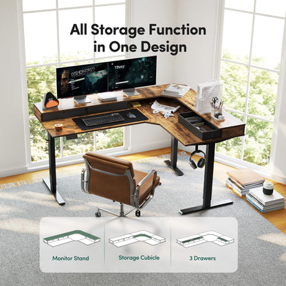 CubiCubi 63x48 Inches L Shaped Standing Desk with 3 Drawers and Monitor Shelf, Height Adjustable Corner Computer Desk with Hooks, Sit Stand Up Ergonomic Home Office Workstation Table, Rustic Brown