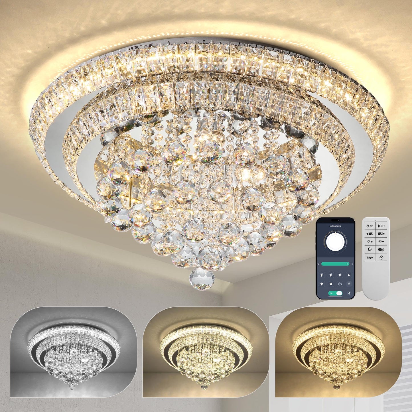 COCOSTAR 24" Crystal Chandeliers, Flush Mount Chandelier LED Ceiling Light, Modern Crystal Raindrop Chandeliers for Dining Room, Living Room, Bedroom