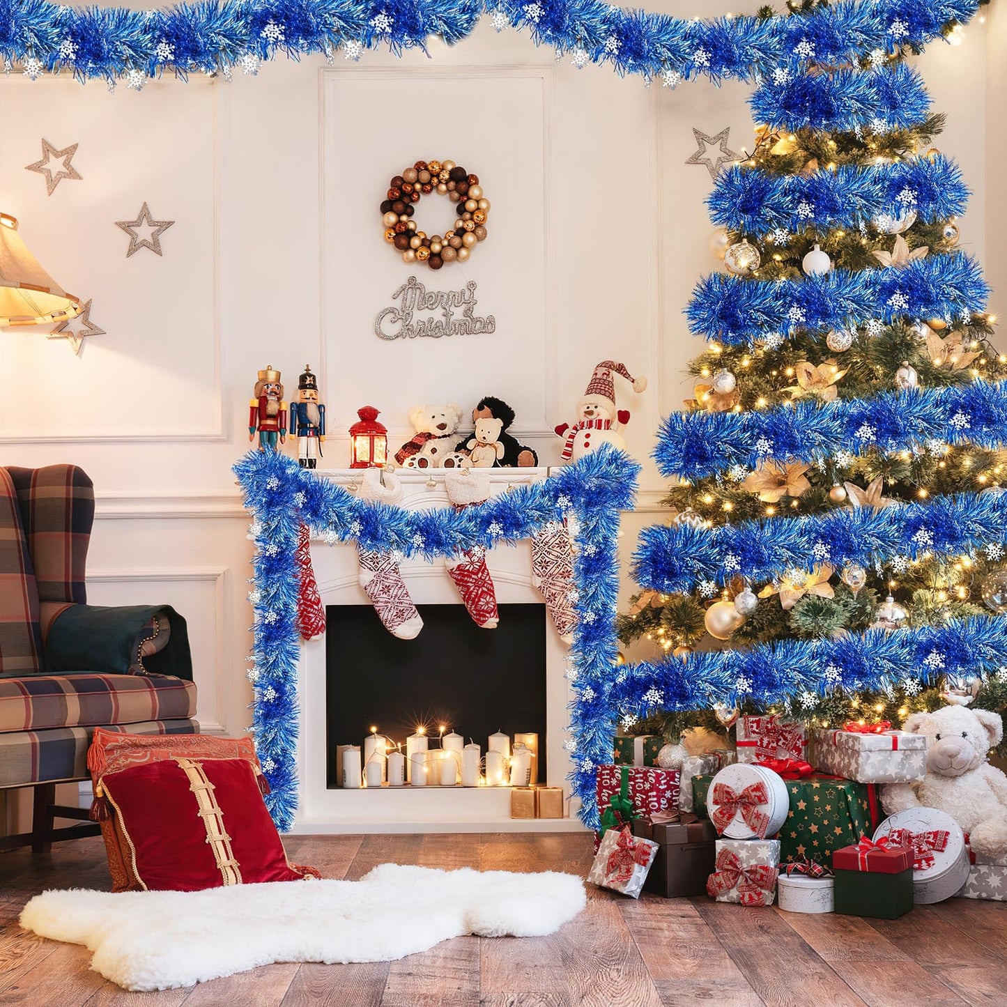 MARFOREVER Blue Snowflake Tinsel Garland Winter Wonderland Decorations, Winter Metallic Twist Garland for Winter Holidays New Year Weddings Party Home Wall Classroom Hanging Decor, 3 Pcs 19.7 FT