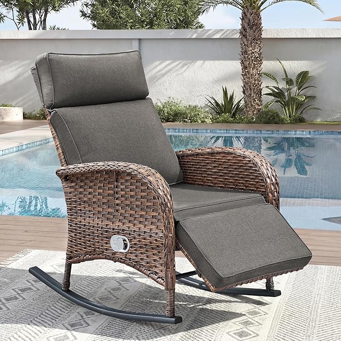 Zero Gravity Patio Rocking Wicker Recliner Chair - Wicker Outdoor Lounge Chair with Adjustable Backrest & Footrest, All Weather Reclining Rocker Chairs with Thick Cushion for Pool Deck Gray