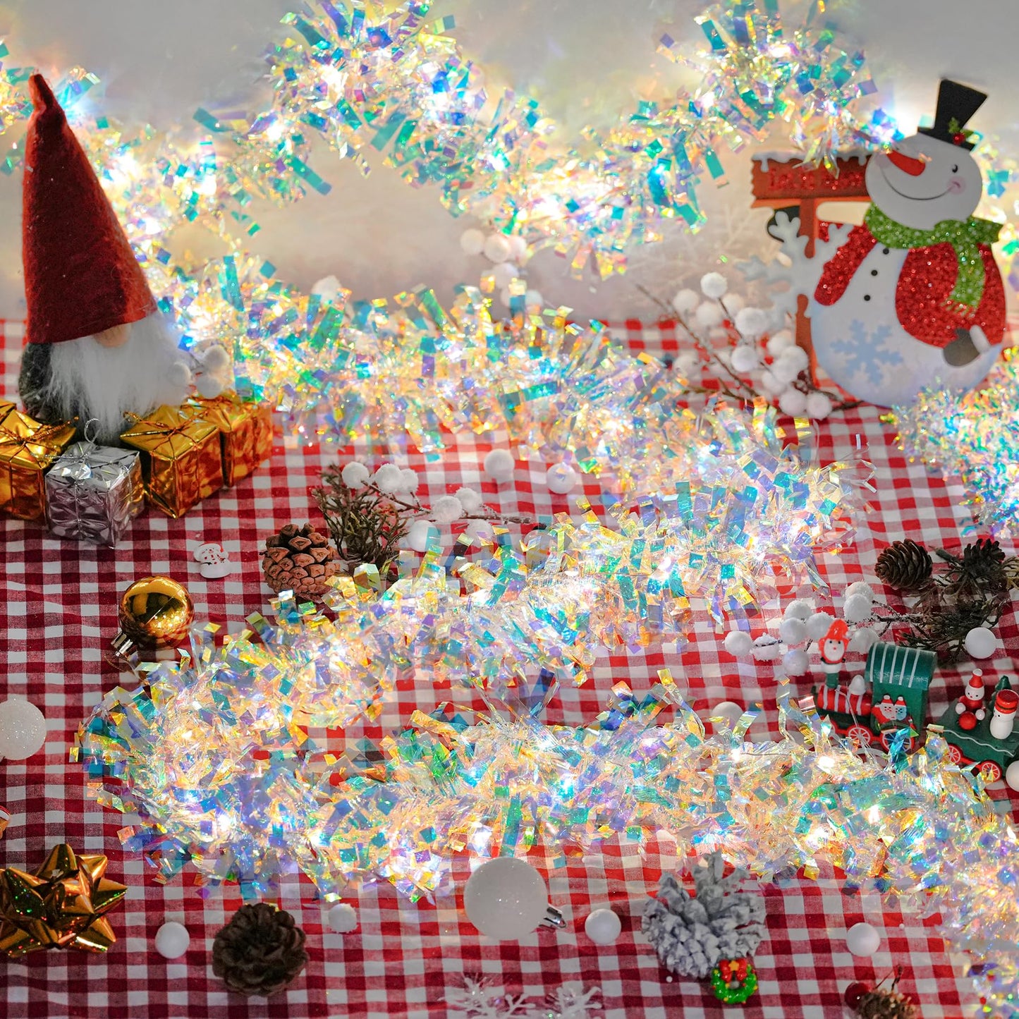 Christmas Garland with Lights, 6.5FT Iridescent Tinsel Garlands Battery Operated, Shiny Tinsel Foil Garland Indoor Hanging Home Decor, Garland for Wedding Birthday Holiday New Years Eve Party Supplies