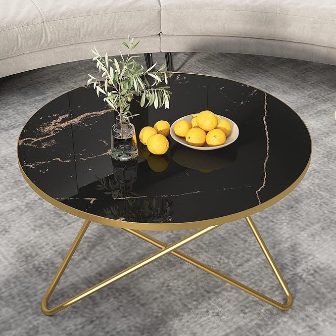 HLR Round Coffee Table with Black Faux Marble Top