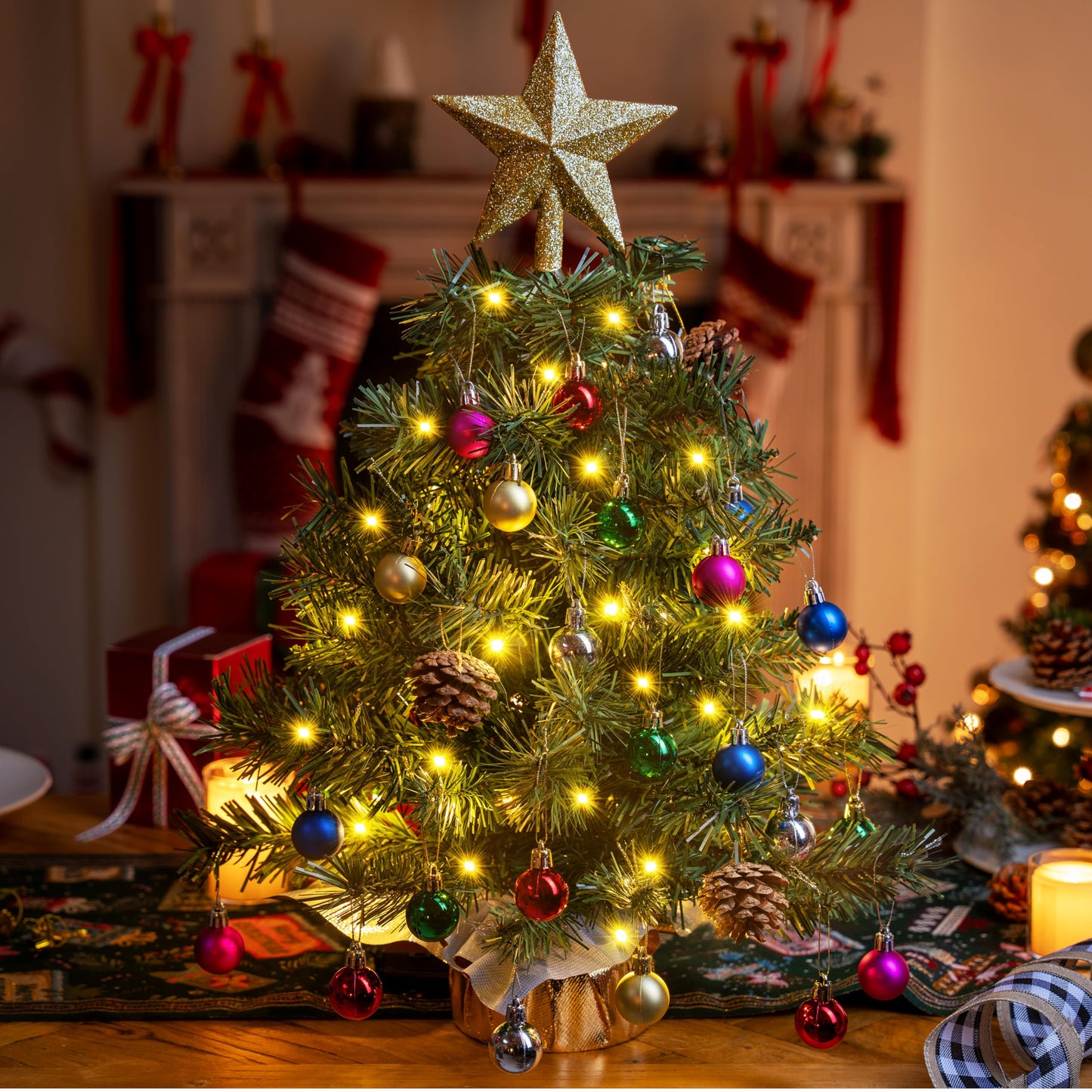 Joiedomi 24"/2FT Tabletop Mini Christmas Tree Pre lit with Warm Lights, Holly Berries, Pine Cones and Ornaments for Indoor Artificial Mini Xmas Tree Holiday Season Decorations (Gold)