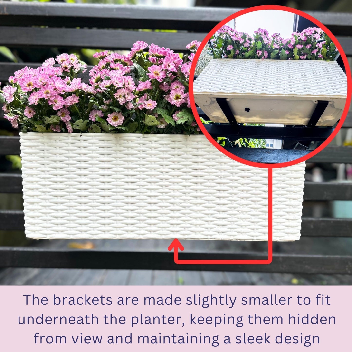 LaLaGreen Outdoor Rail Planter for Balcony (20 Inch, 2 Pack) Large White Self Watering Railing Planters with Brackets, Rectangular Plastic Fence Modern Window Boxes Designer Choice with Rattan Pattern