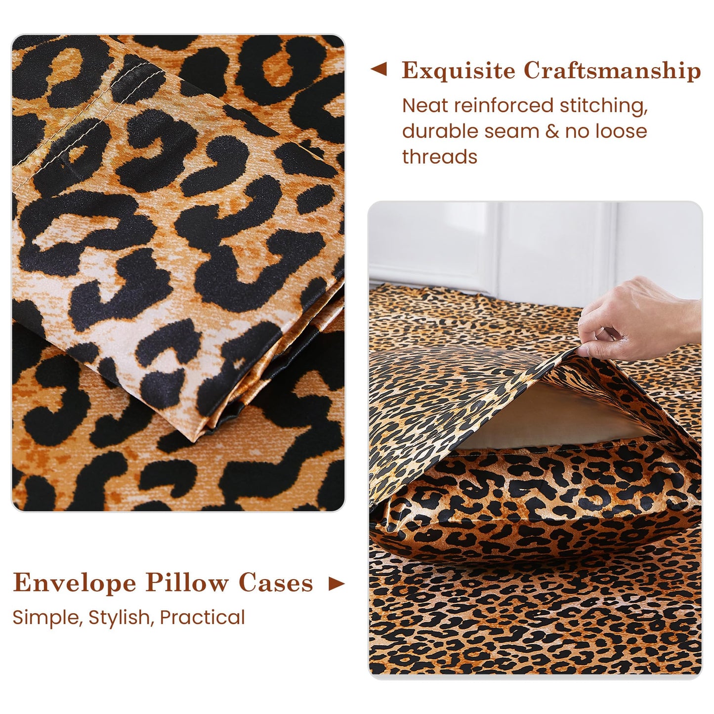 lasoftan Leopard Print Satin Sheets Queen, Silky Animal Printed Fitted Bed Sheet with 15" Deep Pocket & Non-Slip Straps, Luxury Hotel Satin Summer Cooling Sheets & Pillowcase Set, Yellow