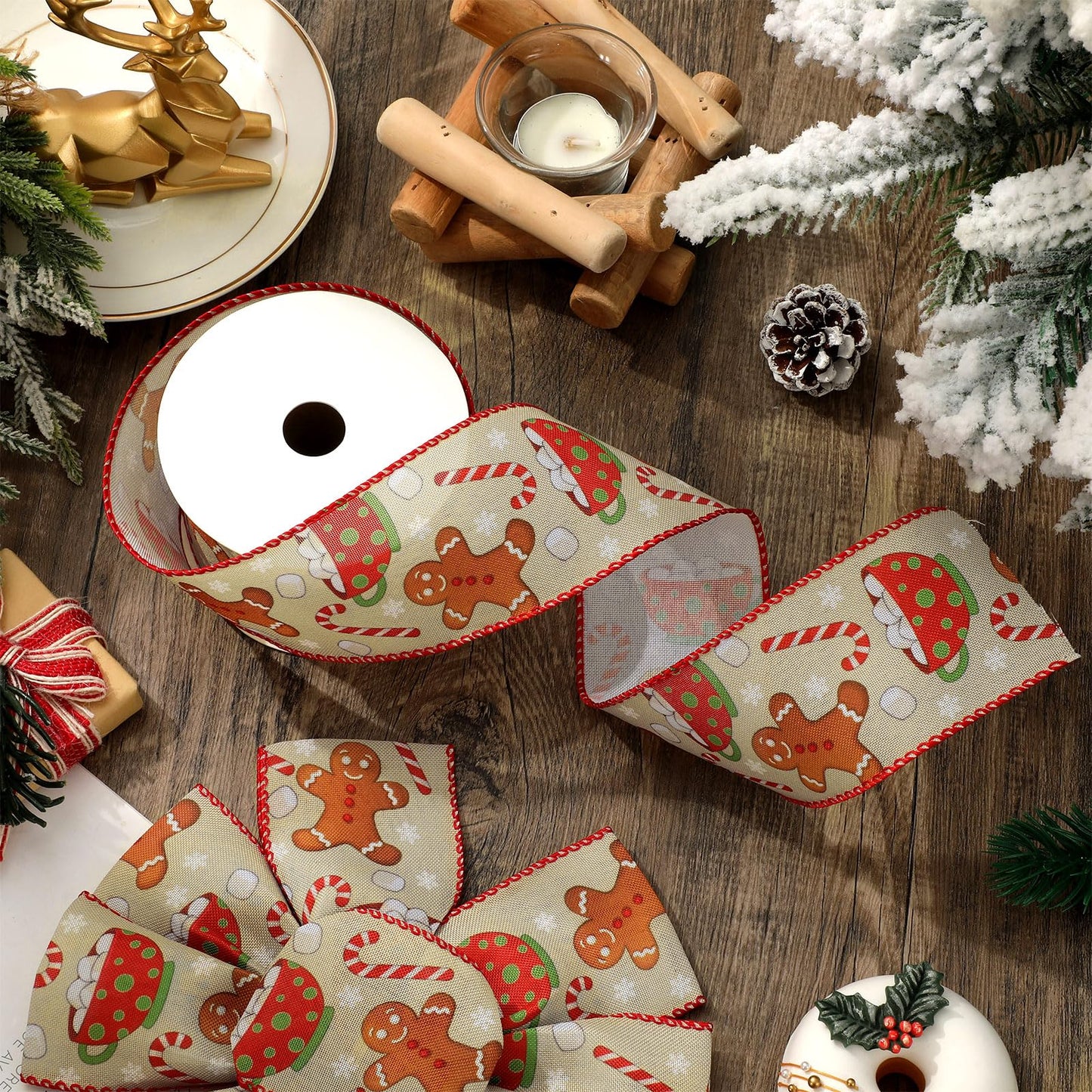 JarThenaAMCS Christmas Wired Edge Ribbon Gingerbread Candy Cane Craft Ribbon 2.5 Inch x 12 Yard Xmas Winter Fabric Ribbons for Wreath Bow DIY Wrapping Party Decor