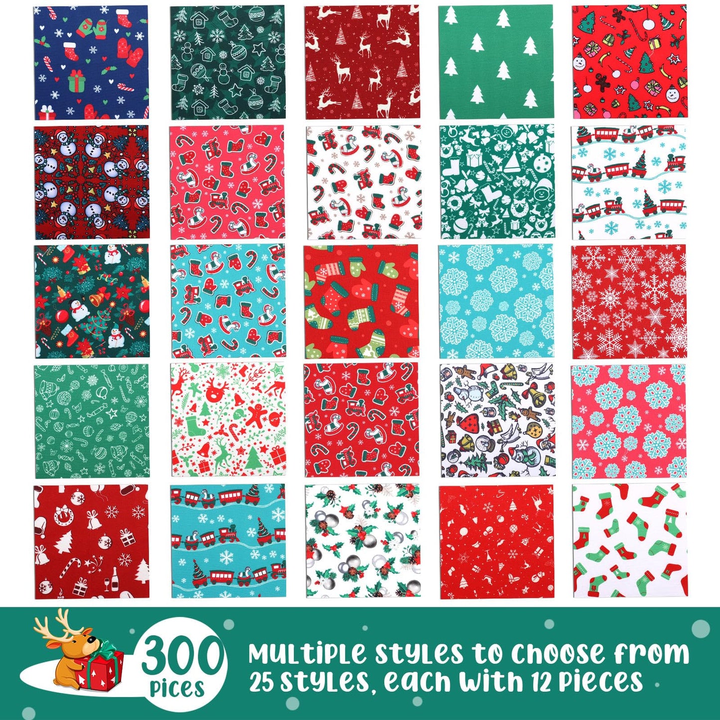 Preboun 300 Pcs 5 x 5 Inches Christmas Fabric Square Quilting Fabric Squares Bundle Sewing 25 Different Christmas Patterns Precut Polyester Patchwork for DIY Sewing Crafting Supplies