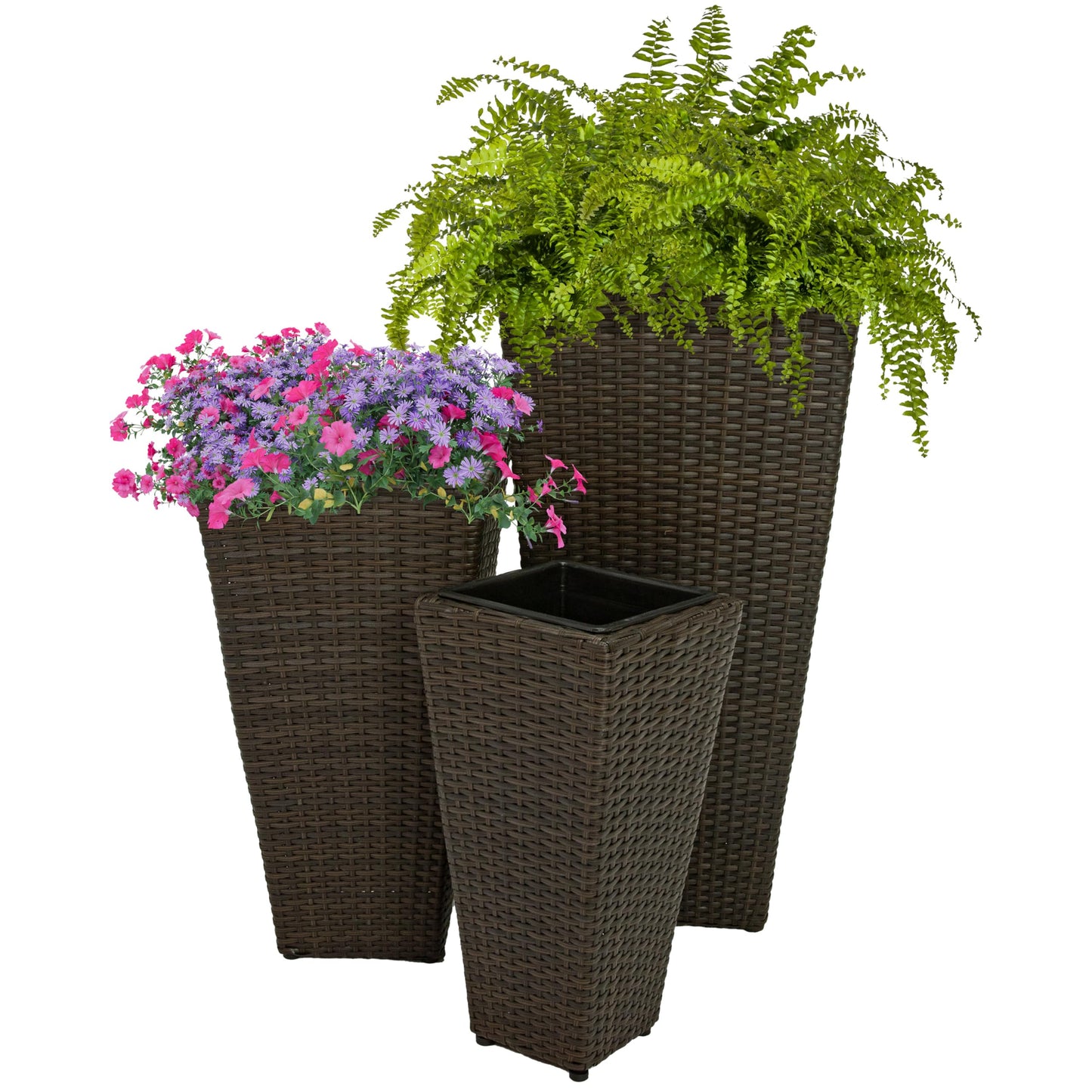 Sunnydaze Square Tall Wicker Outdoor Planter Set of 3 - Polyrattan Large Outdoor Planters for Porch, Patio or Garden - 9", 11.5", 14.75" Tall Plant Pots - Brown