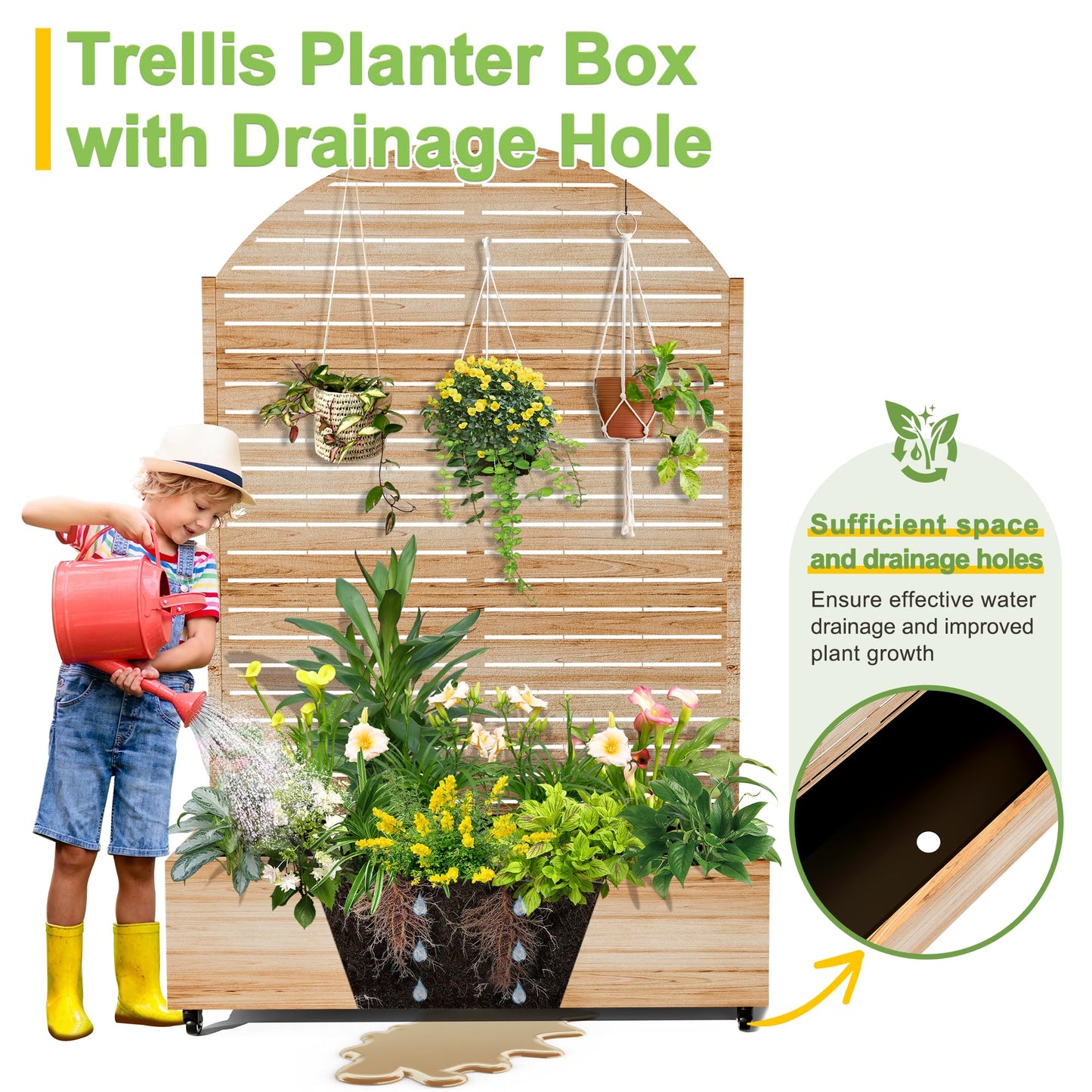 FENCY Metal Raised Garden Bed with Wheels and Trellis,Arched 73"x47"x16" Planter Box for Climbing Plants, Vegetables & Vines, Features Privacy Screen and Drainage Holes (Acacia Wood Finish)