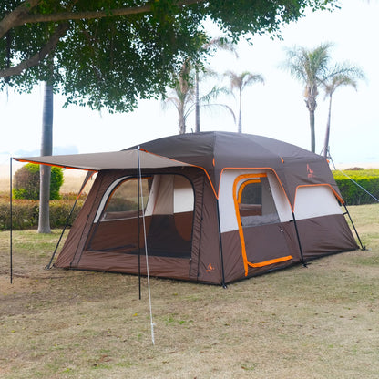 KTT Extra Large Tent 12 Person,Family Cabin Tents,2 Rooms,3 Doors and 3 Windows with Mesh,Straight Wall,Waterproof,Double Layer,Big Tent for Outdoor,Picnic,Camping,Family Gathering(Brown)