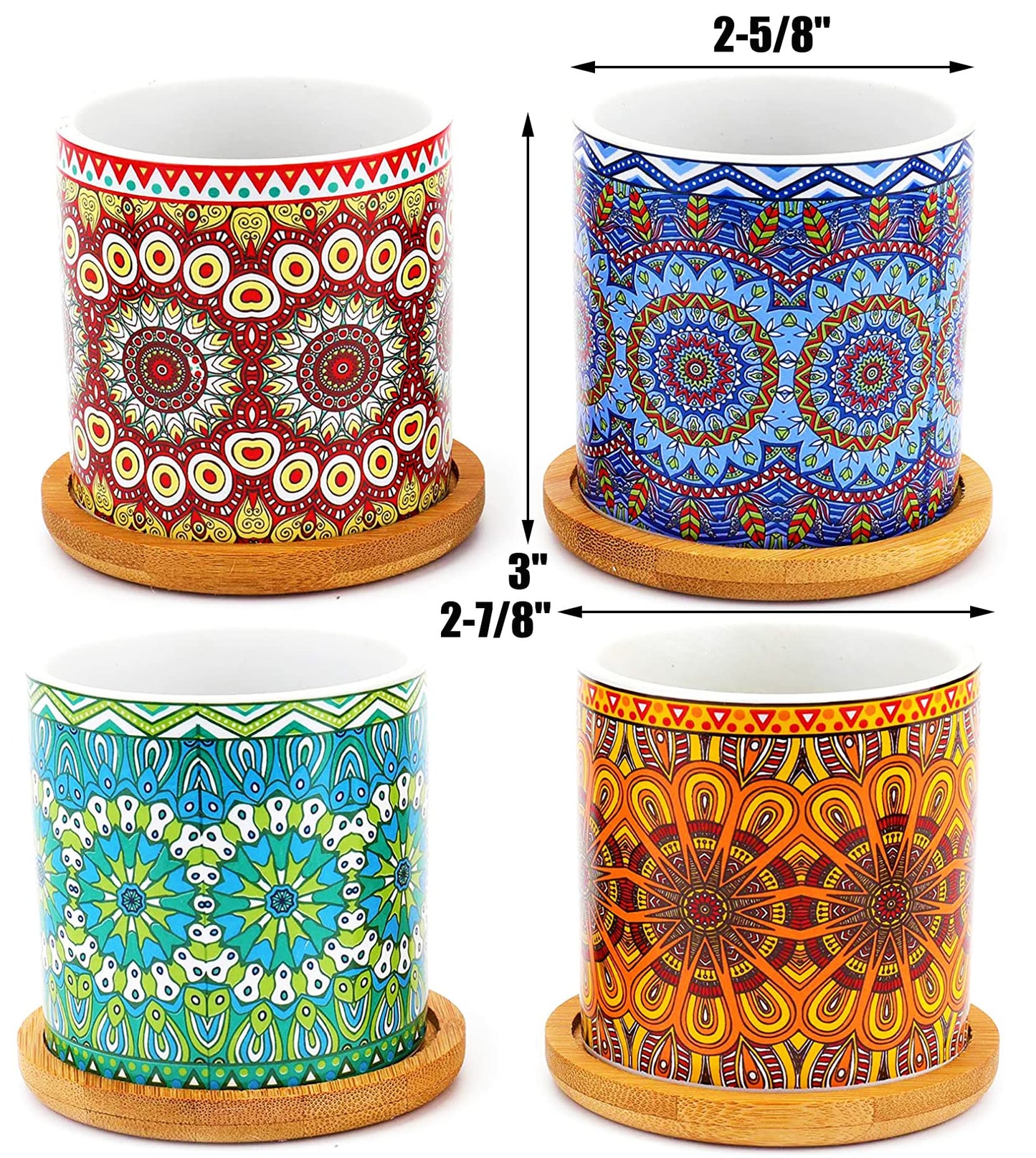 Yesland 4 Pack Succulent Plant Pots with Bamboo Tray, 3 Inch Ceramic Mandalas Pattern Cylinder Planter & Flower Pots with Drainage Hole, for Flowers, Cactus, Home, Garden, Office Decoration