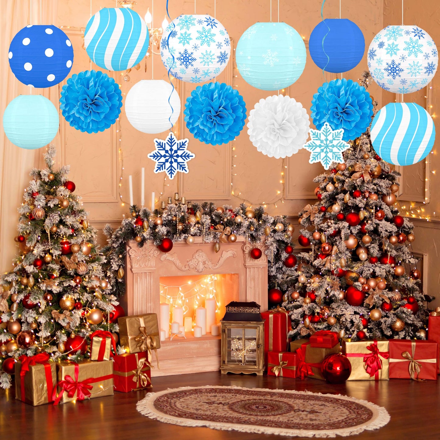 Renbuzhu 15PCS Winter Wonderland Decorations Paper Lanterns Pom Poms Hanging Swirls Christmas Holiday Hanging Decor for Home Birthday Outdoor Indoor