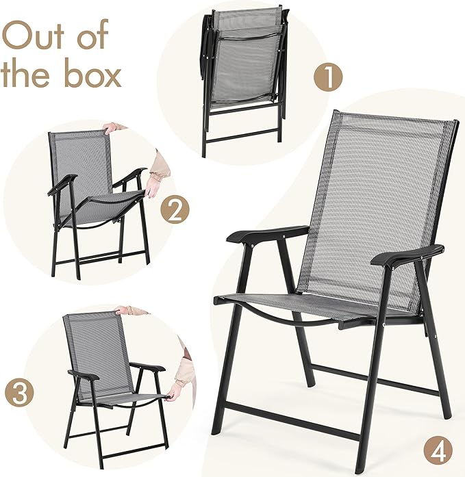Yaheetech Patio Dining Chairs Set of 2 with Armrests, Outdoor Folding Chairs with Metal Frame and Backrest for Lawn, Garden, Yard and Poolside, Gray