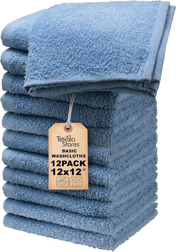 Basic Wash Cloths 12x12 Inches – Pack of 12 – Blue Color – Soft and Absorbent