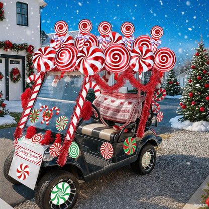Leyndo 46 Pcs Christmas Golf Cart Decorations Kit Christmas Candy Cane Parade Decor Red Green and White Car Decoration with Banner Candy Cane Hanging Garland Stickers Balloon for Xmas Party