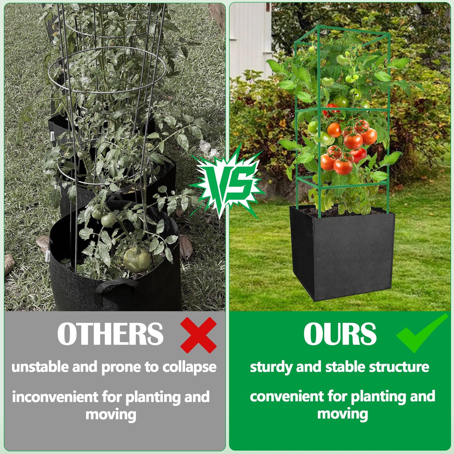 3 Packs 47 x 16 x 16 Inch Garden Tomato Cages with 17 Gallon Grow Bags- Square Plant Support Trellis Assembled with Planter Bags- Garden Cucumber Vegetables Frames for Vertical Climbing Plants
