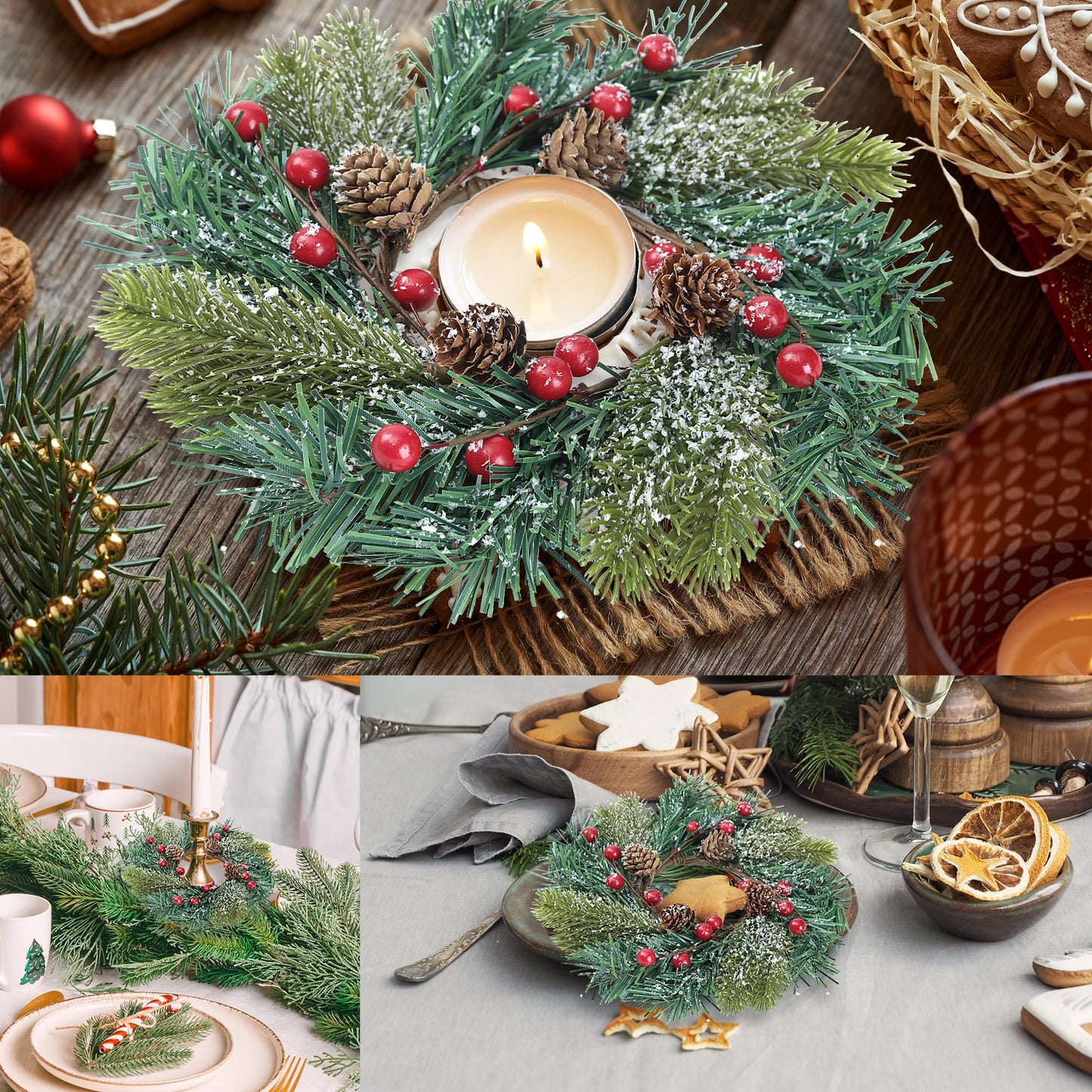 Sggvecsy 4 Pcs Christmas Candle Rings Norfolk Pine Wreath Table Centerpieces Artificial Red Berries Pinecones Small Wreaths Kitchen Cabinets Pillars Mini Candle Rings for Window Front Door Decor