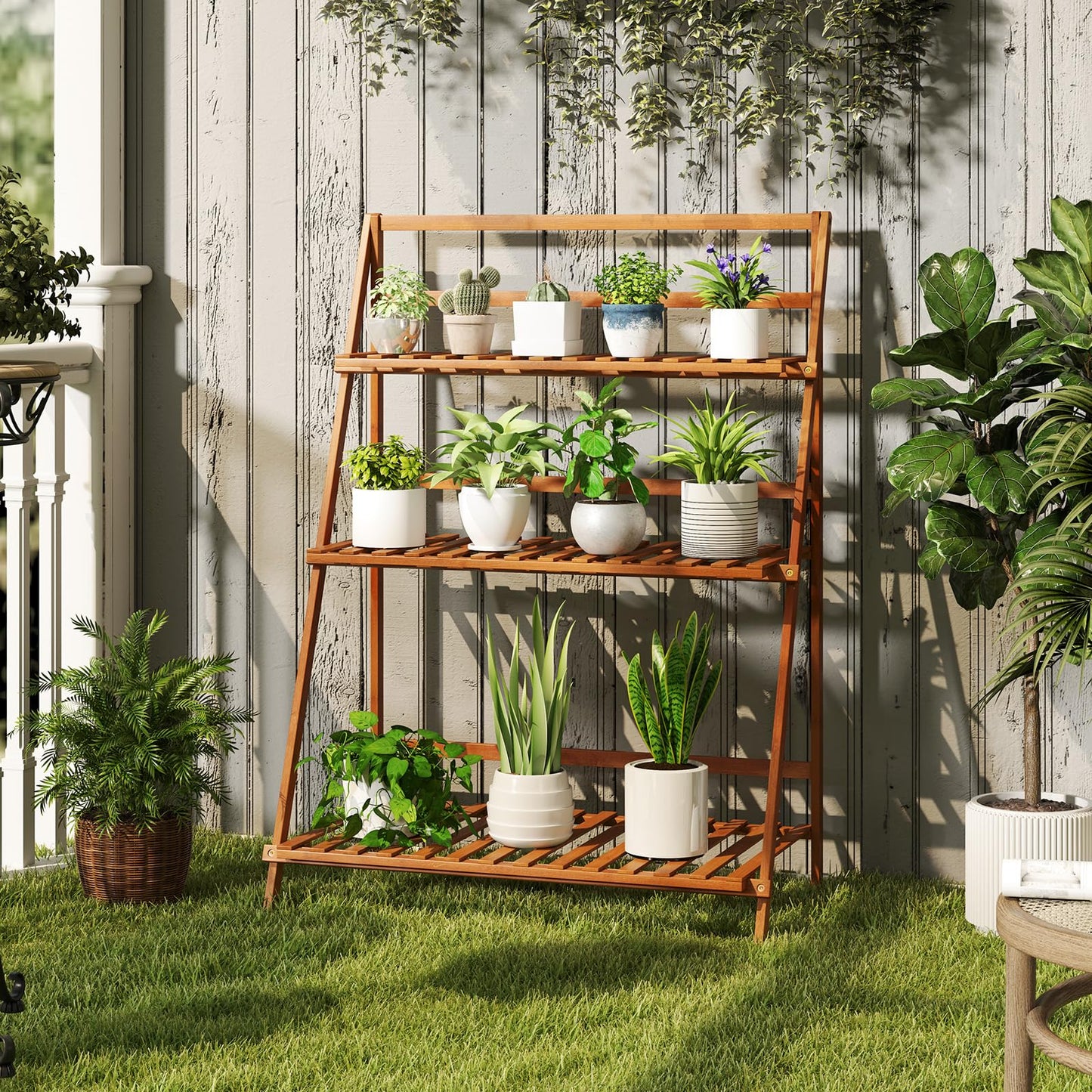 DREAMADE Plant Stand, 3 Tier Bamboo Ladder Plant Stand with Foldable Design, Anti-falling Crossbar, Freestanding Plant Shelf for Indoor Outdoor, Living Room Balcony Patio Garden