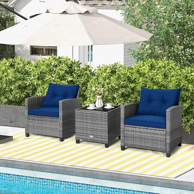 HAPPYGRILL 3 Pieces Patio Conversation Set, Outdoor Furniture Set PE Rattan