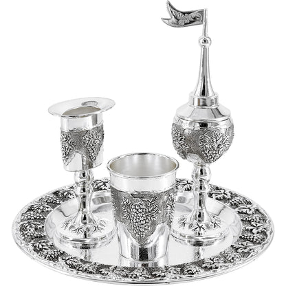 The Dreidel Company Havdalah Set, Grape Theme Wine Goblet, with Candle and Spice Incense Holders, Silver Plated