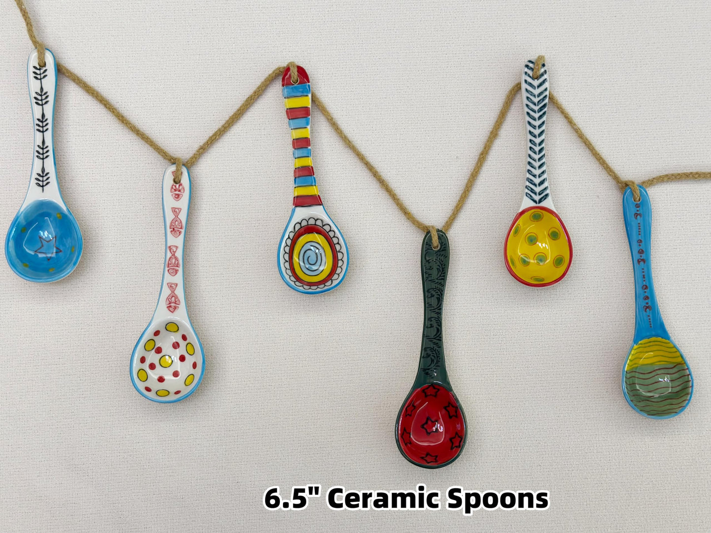 Ceramic Soup Spoons 6 Pcs- Hand-Painted Vibrant Small Serving Spoons for Ramen, Cereal, Yogurt, Dips, Microwave & Dishwasher Safe, Cute Spoons for Kitchen & Gifts