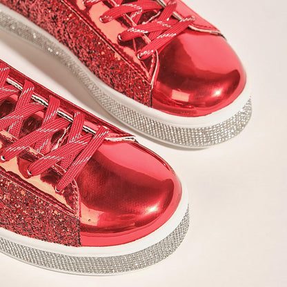 UUBARIS Women's Glitter Tennis Sneakers Neon Dressy Sparkly Sneakers Rhinestone Bling Wedding Bridal Shoes Shiny Sequin Shoes Red Size 6