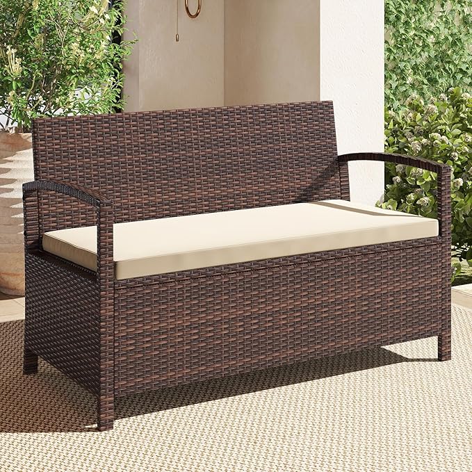 Tangkula 42 Gallon Outdoor Bench with Storage, Outdoor PE Rattan Storage Bench with Cushion, Backrest & Acacia Wood Armrests, Metal Frame, Waterproof Deck Box Seat for Porch Backyard Poolside