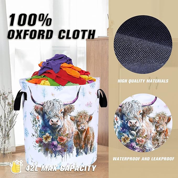 Highland Cow Laundry Basket Cattle Animal Foldable Oxford Cloth Funny Tote Bag