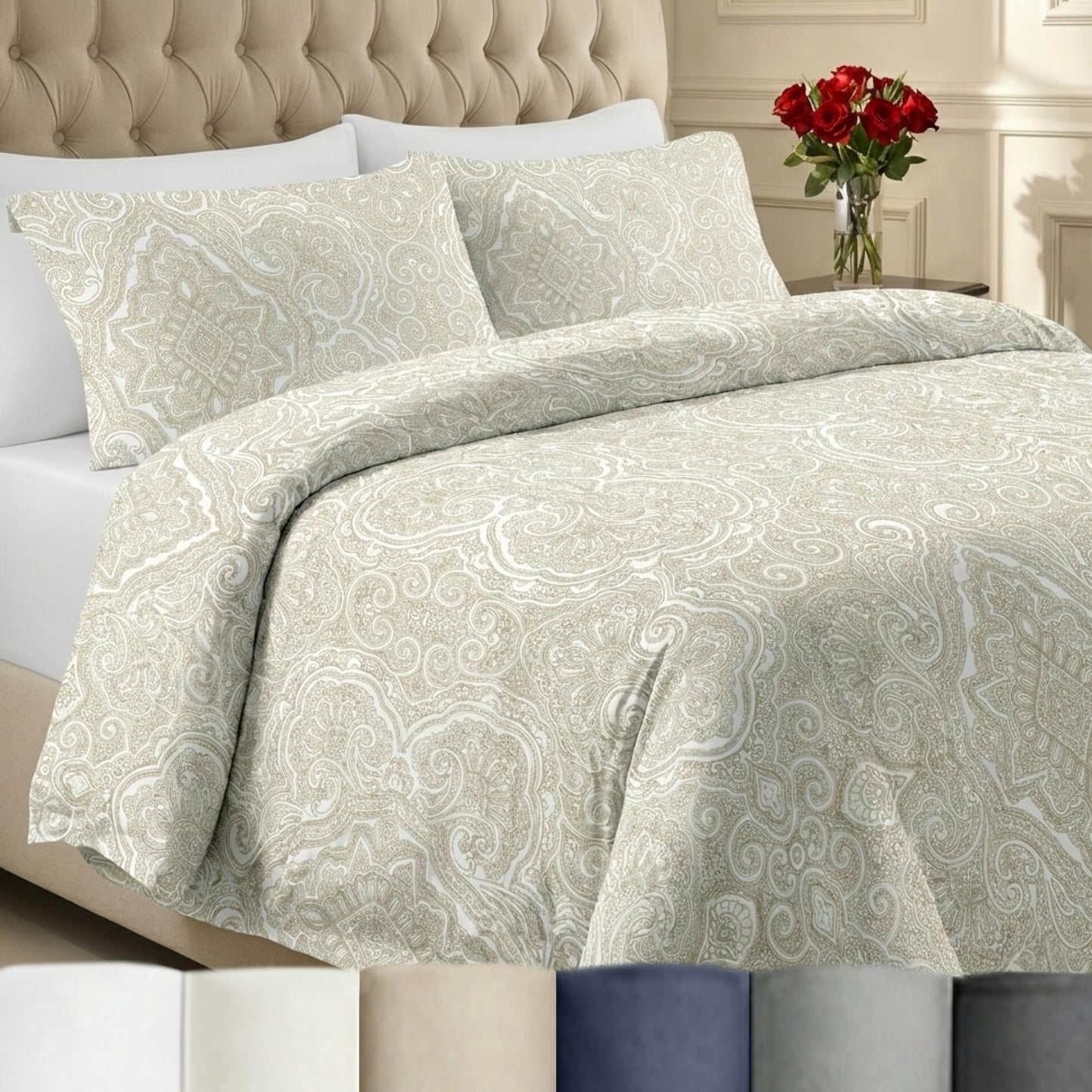California Design Den 3 Piece King Size Duvet Cover Set, 400 Thread Count 100% Cotton Sateen, Soft Sateen Comforter Cover and Two Pillow Shams, Button Closure and Corner Ties (Paisley Beige)