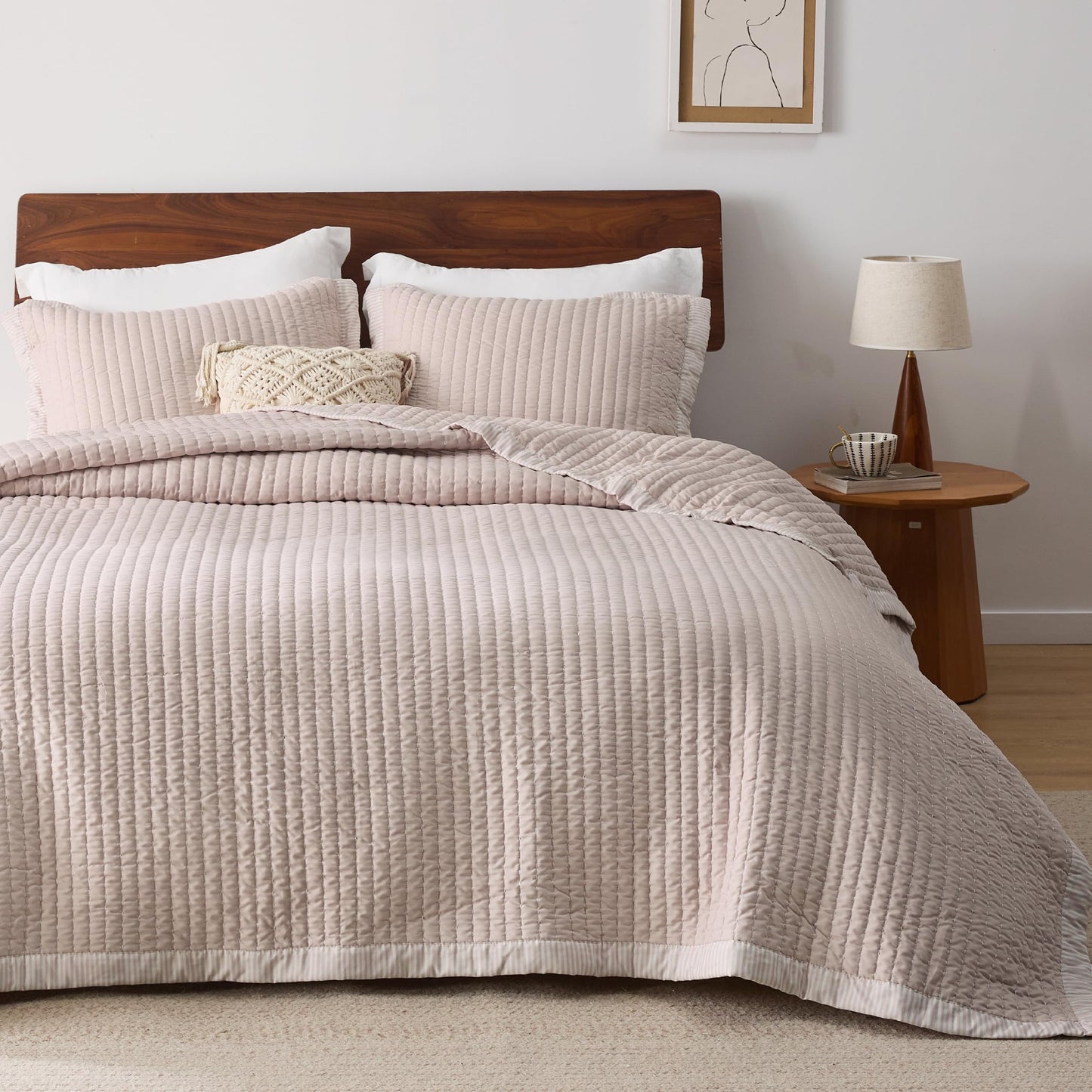 Bedsure Pink Quilts Queen Size - Queen Quilt Bedding Set Bedspread Coverlet, Lightweight Corduroy Pattern Bedspread, 3-Piece Set with 90"x96" Coverlet & 2 Pillow Shams, All-Season Soft Microfiber