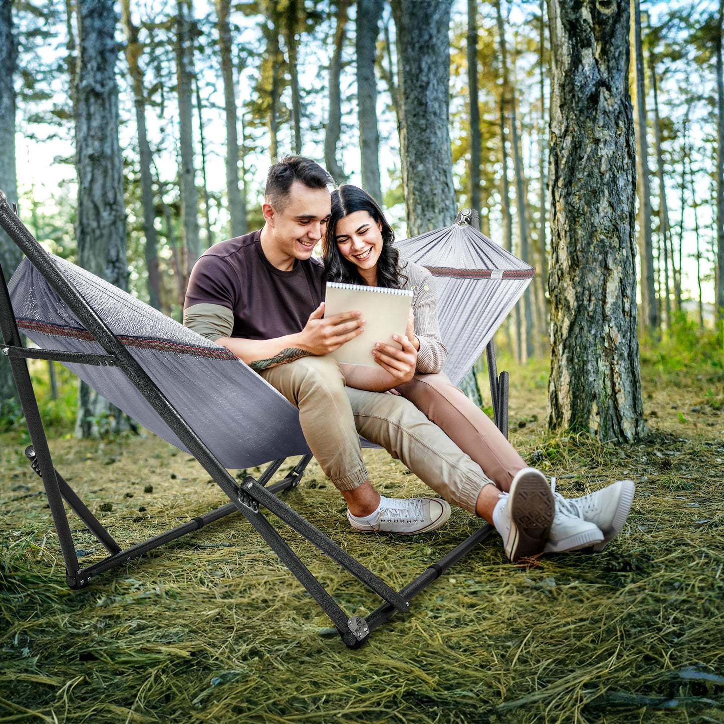 Tranquillo Universal Double Hammock with Stand Included for 2 Persons/Foldable Hammock Stand 600 lbs Capacity Portable Case - Inhouse, Outdoor, Camping, Grey