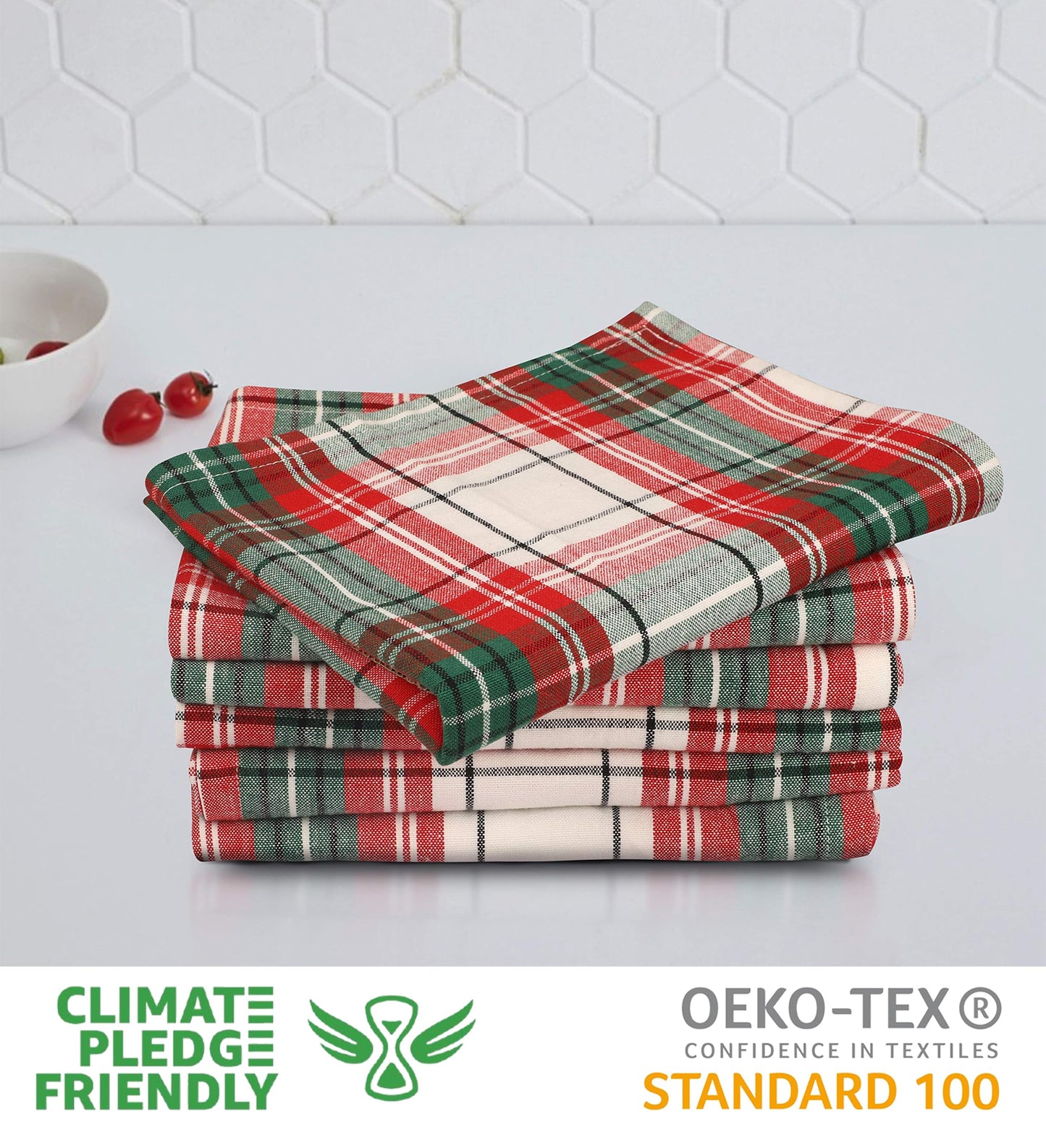 Urban Villa Christmas Kitchen Towels 100% Cotton Dish Towels for Kitchen (Set of 6) 20”x30” Dish Cloths Absorbent Kitchen Linen Set with Hanging Loop Perfect for Drying Dishes Cleaning – Christ Check