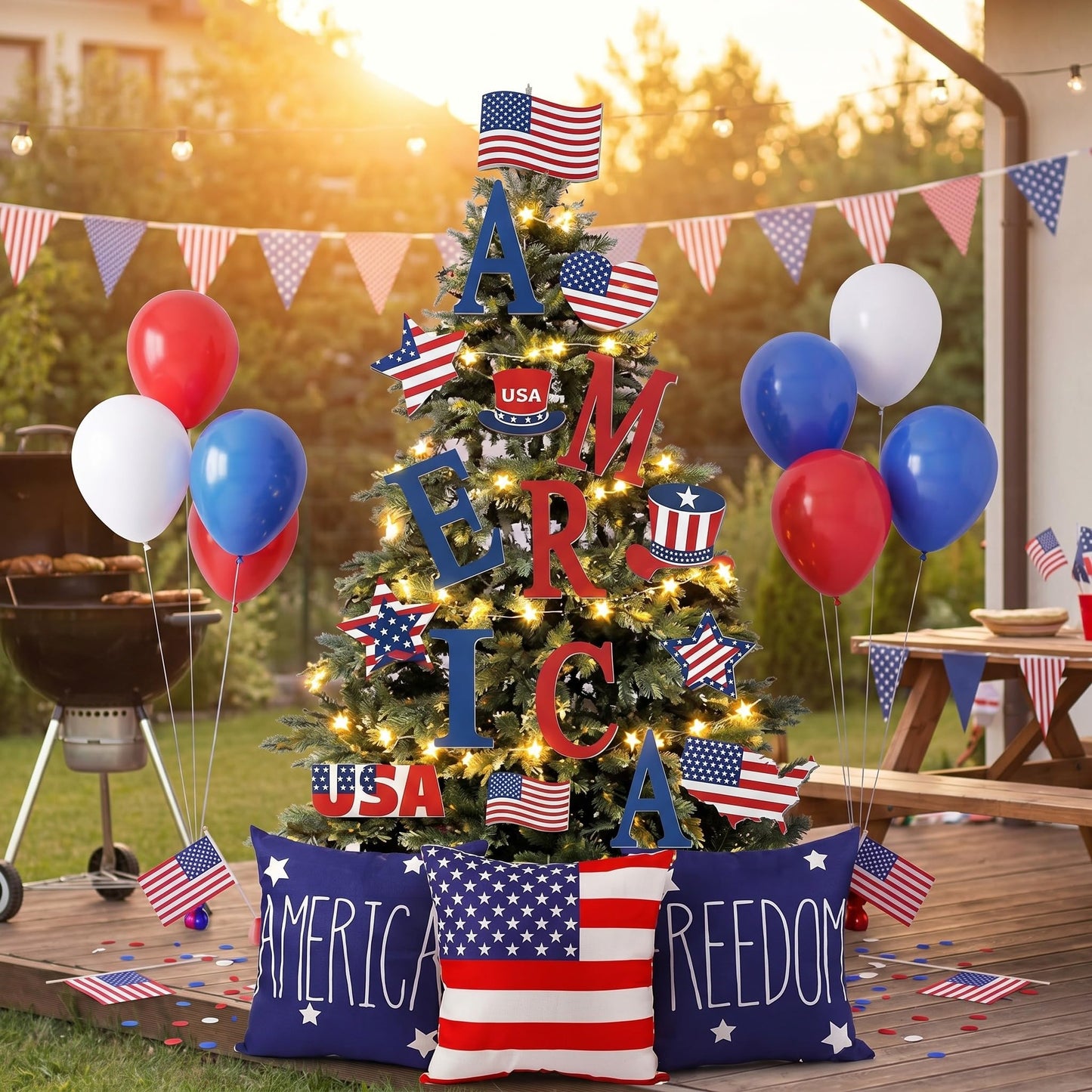 HunnmingRe Large 4th of July Christmas Tree Decor Set with Light & Pillow Cover Patriotic Ornament Red White and Blue Topper America Star Letter Pick for Independence Day 250th Anniversary Home Decor