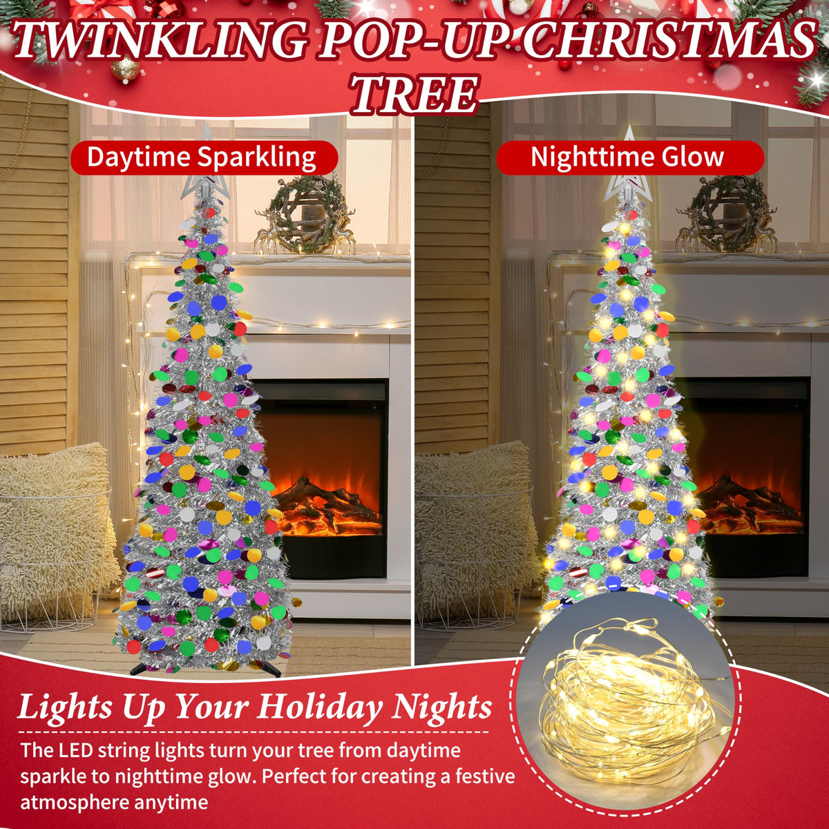 Lavwix 5 FT Pop Up Christmas Tinsel Tree with 50 LED Lights & Remote, Star Topper, Easy Assembly with Stand, Collapsible Prelit Christmas Pencil Tree for Xmas Home Party Decor (Silver)