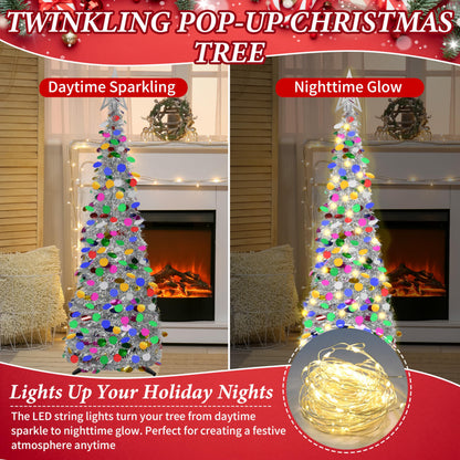 Lavwix 5 FT Pop Up Christmas Tinsel Tree with 50 LED Lights & Remote, Star Topper, Easy Assembly with Stand, Collapsible Prelit Christmas Pencil Tree for Xmas Home Party Decor (Silver)