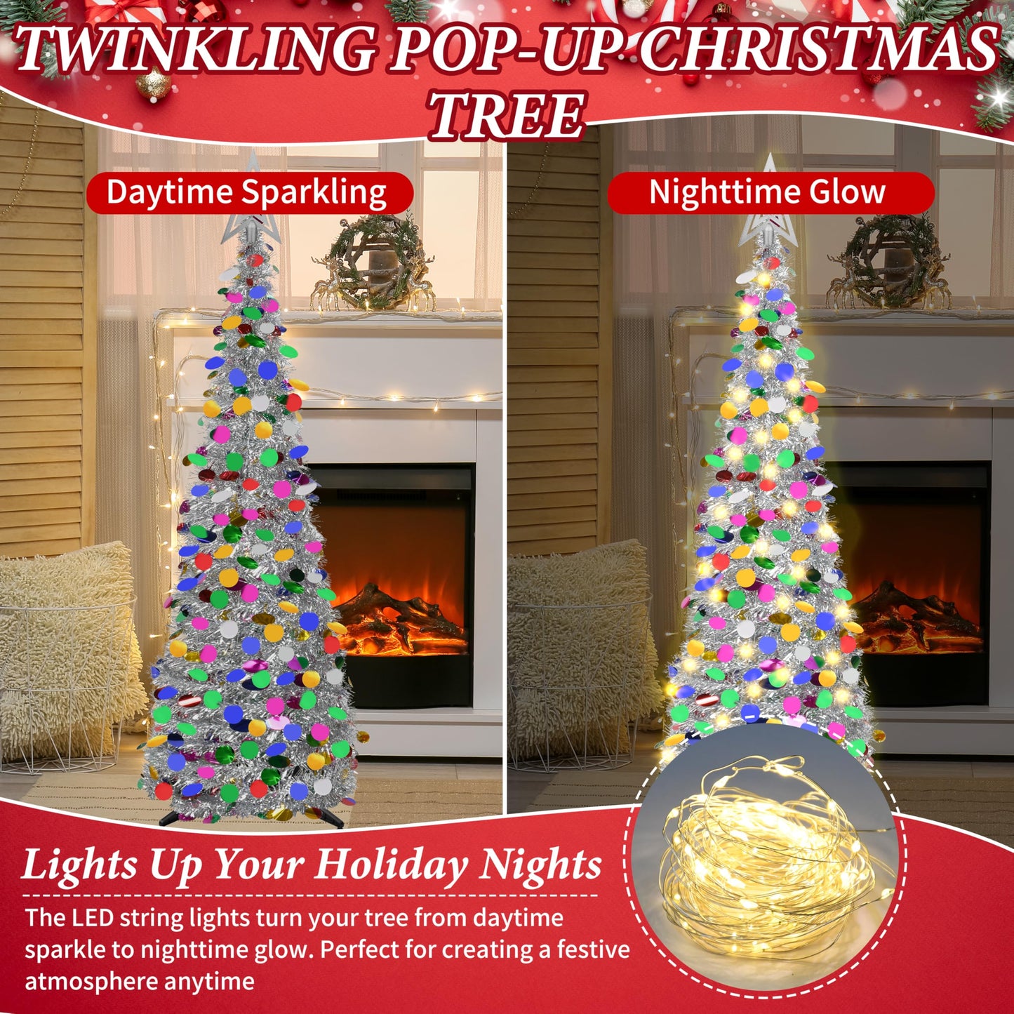 Lavwix 5 FT Pop Up Christmas Tinsel Tree with 50 LED Lights & Remote, Star Topper, Easy Assembly with Stand, Collapsible Prelit Christmas Pencil Tree for Xmas Home Party Decor (Silver)