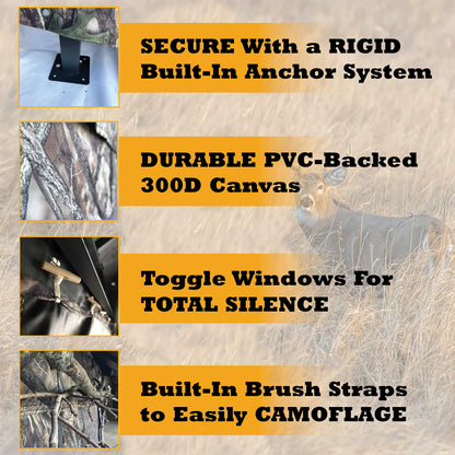 BACKYARD EXPRESSIONS PATIO · HOME · GARDEN Deluxe Steel Frame True Timber® Camo 3 or 4 Person Hunting Ground Blind - (8) Shoot Through Mesh Windows and Anchoring System Included