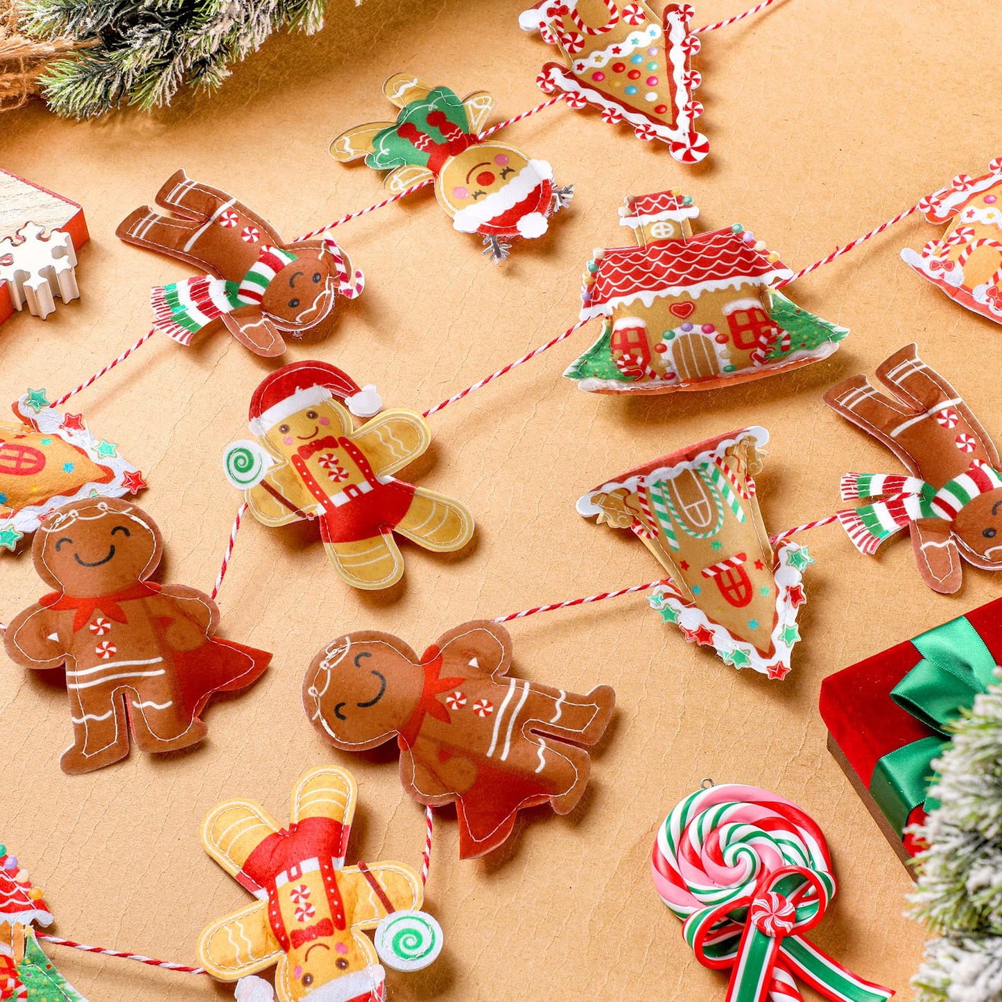 Generic 8.8 ft Gingerbread Christmas Garland Cute Gingerbread Men Christmas Tree Garland Felt Hanging House Xmas Home Bunting Banner for Tree Ornaments Party Holiday Wall Decor