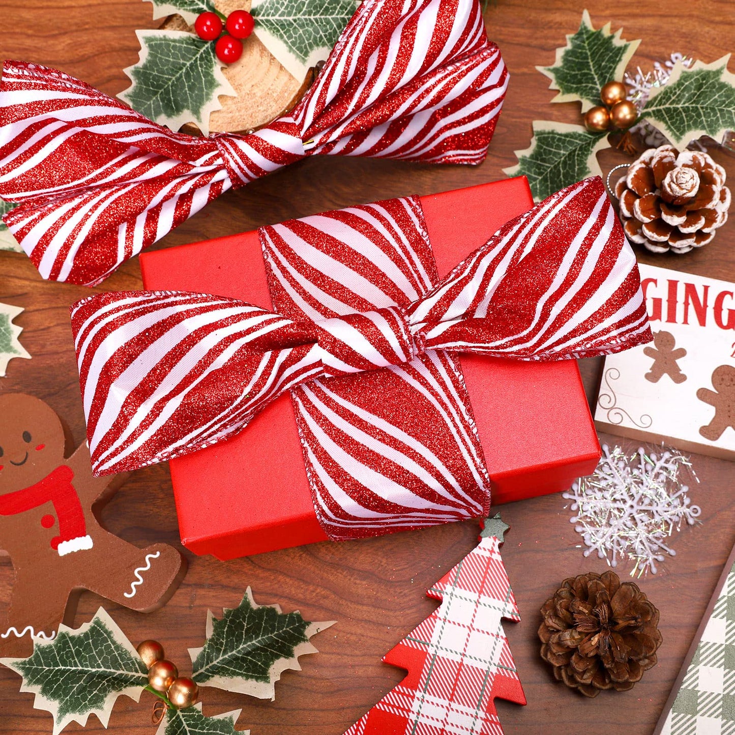 Whaline Christmas Glitter Candy Cane Ribbon White Red Stripe Wired Edge Ribbon 2.5 Inch Rustic Farmhouse Craft Ribbons for Xmas DIY Gift Wrapping Floral Arrangement Wreath Bow Decoration, 10 Yard